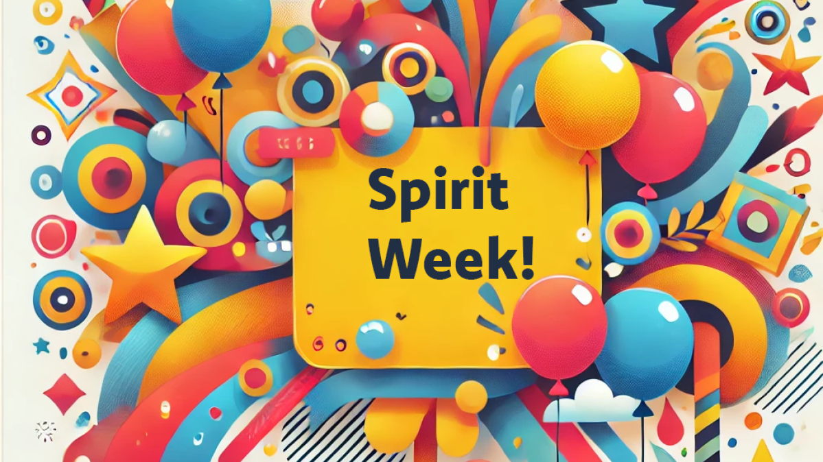 Colourful array of stars, balloons, squiggles and rainbows with the text, "spirit week" at the centre.