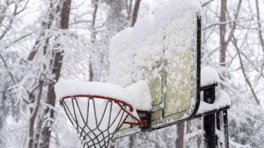Basketball hoop outdoors covered in snow with snow-covered trees in background