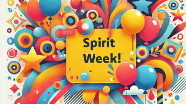 Colourful array of stars, balloons, squiggles and rainbows with the text, "spirit week" at the centre.